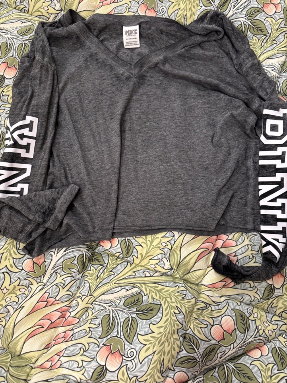 PINK Dark Gray V-Neck Long Sleeve Top with Sleeve Logo